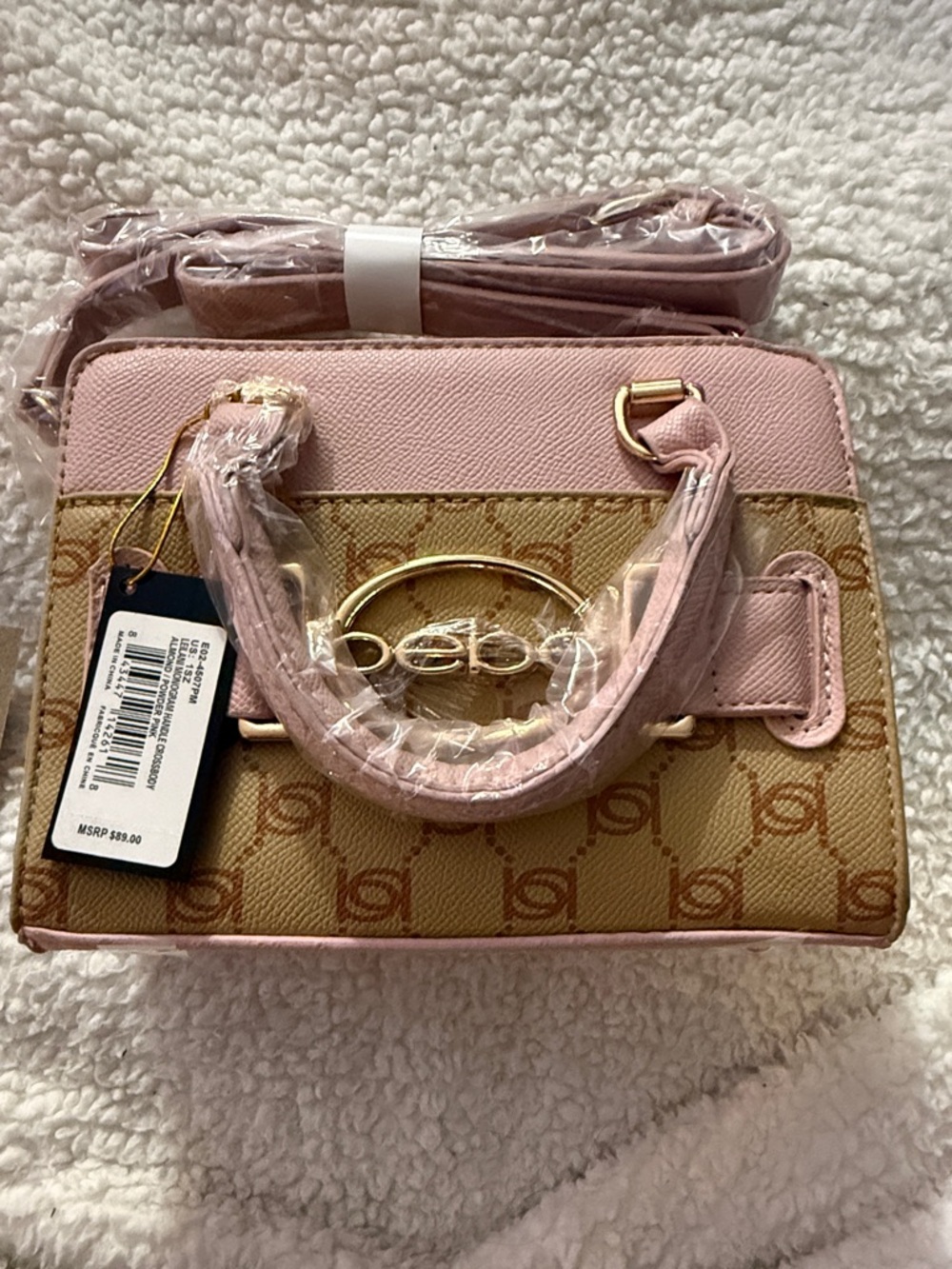 bebe Pink and Tan Mini Logo Satchel